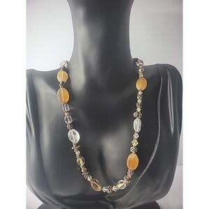 Vintage Necklace Beaded Orange Silver Tone Stone Toggle Clasp Jewelry Costume